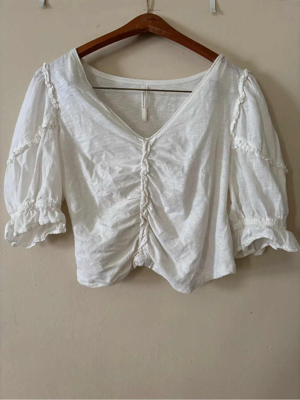 Anthropologie White Ruched V-Neck Puff Sleeve Top S
